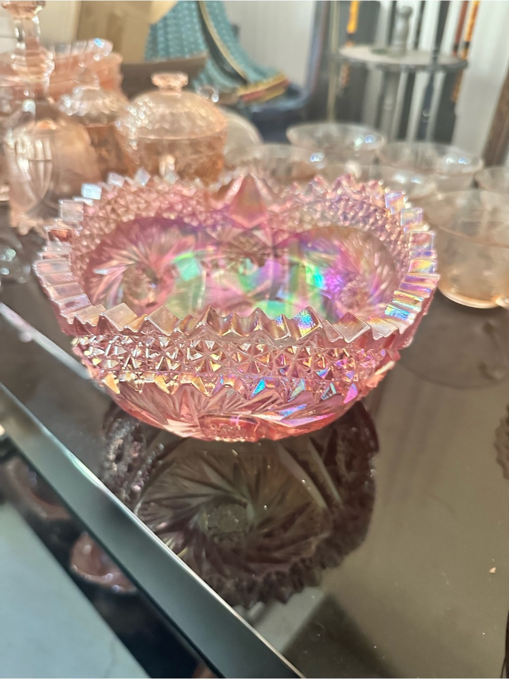 Source Unknown Pink Iridescent Cut Glass Bowl